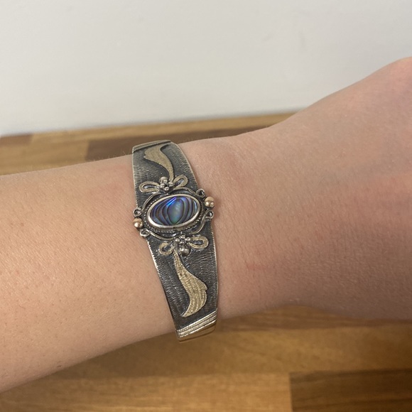 Vintage Abalone Stone 925 Sterling Cuff Bracelet - Picture 9 of 12